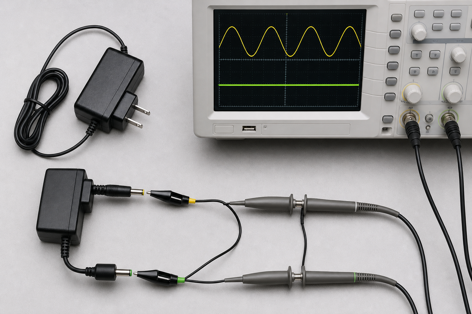مقایسه شکل موج خروجی AC و خط ثابت خروجی DC آداپتور