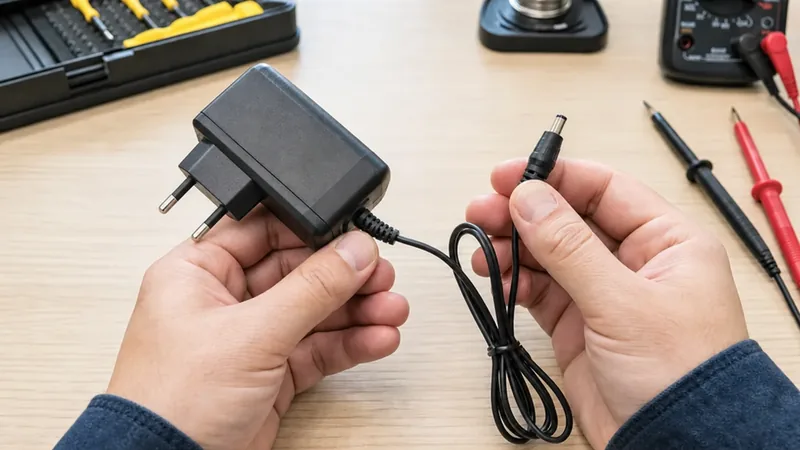 بررسی ظاهری بدنه، سیم و فیش آداپتور پیش از تست