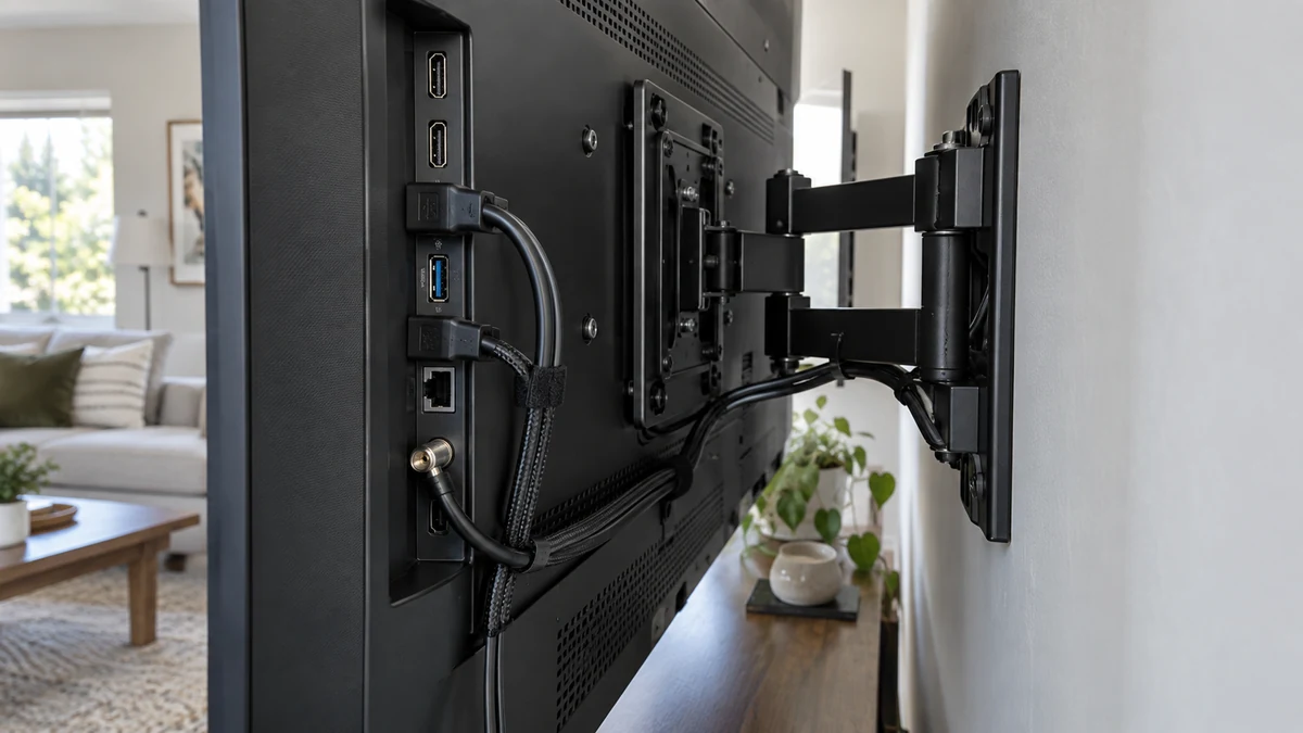 دسترسی به پورت‌ها و کابل‌های پشت تلویزیون نصب‌شده روی براکت متحرک