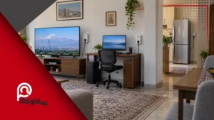 تلویزیون و کامپیوتر با محافظ برق اختصاصی در کنار یخچال